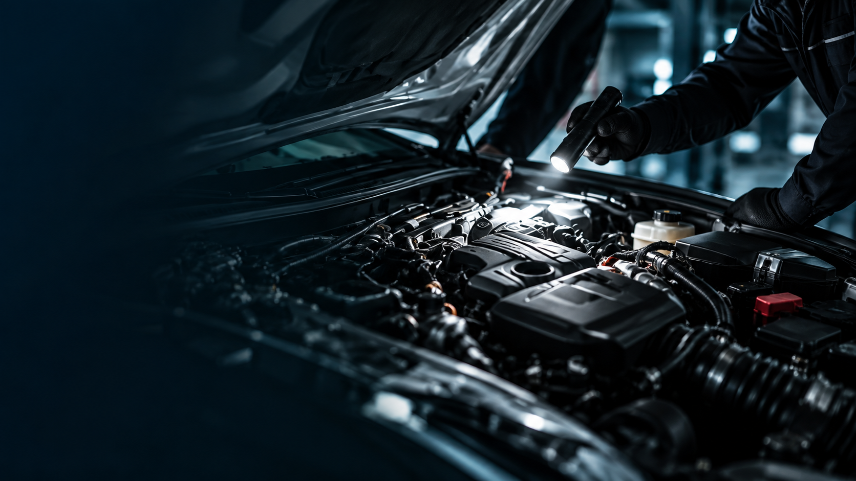 Inspection visuelle d’un moteur avec une lampe sous le capot ouvert